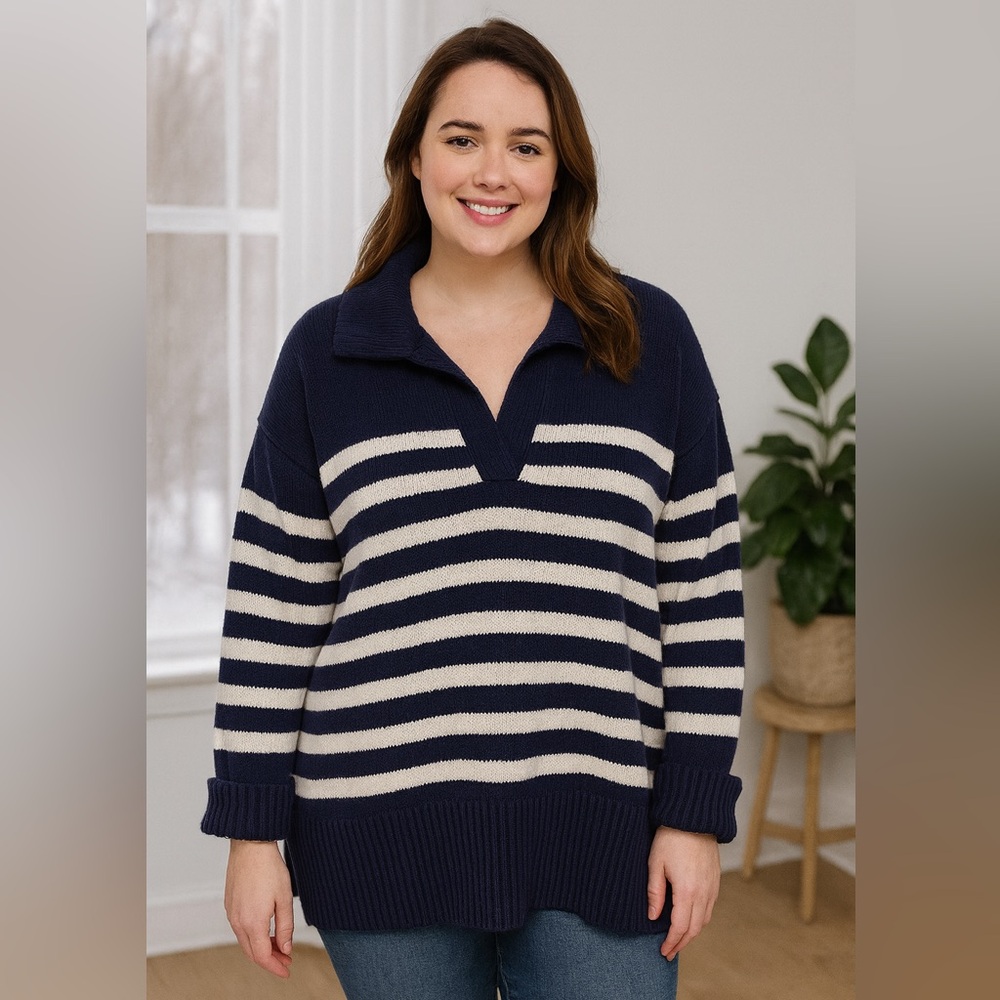 Fisherman GAP 24/7 Split-Hem Polo Navy and White Striped Sweater